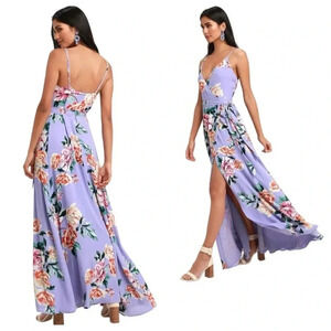 LULU’S | Floral Flirtation Lavender Floral Print Wrap Flowy Maxi Dress Size XS